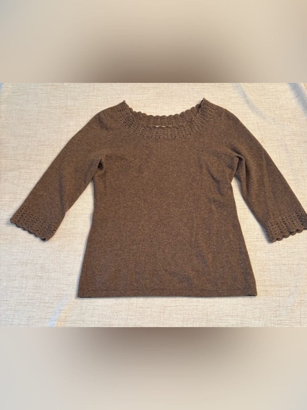 Brown Crochet-Trim Women's Sweater - Classic Knit Pullover Cashmere Medium